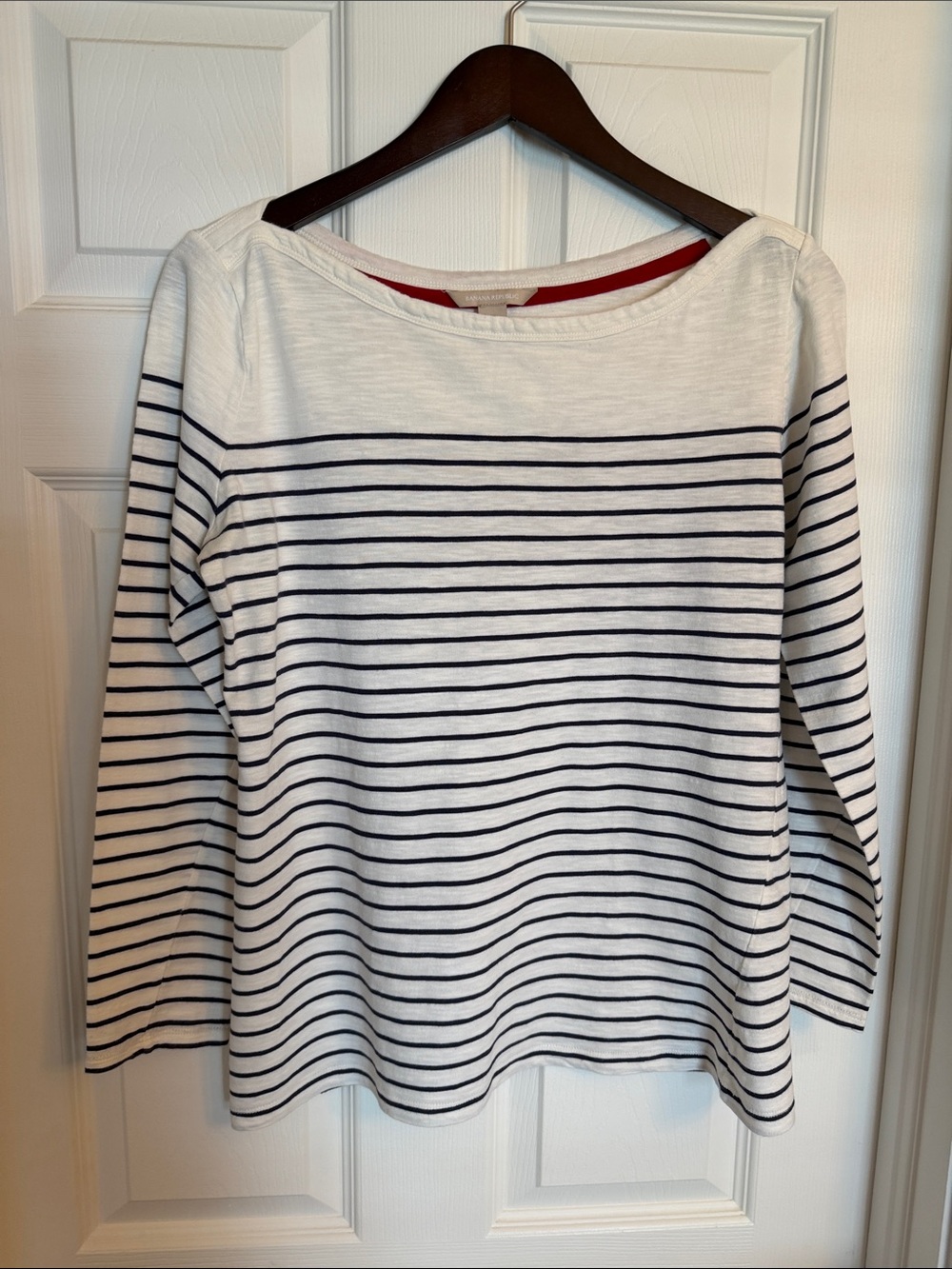 Banana Republic White Long-Sleeve Boatneck Top with Navy Stripes